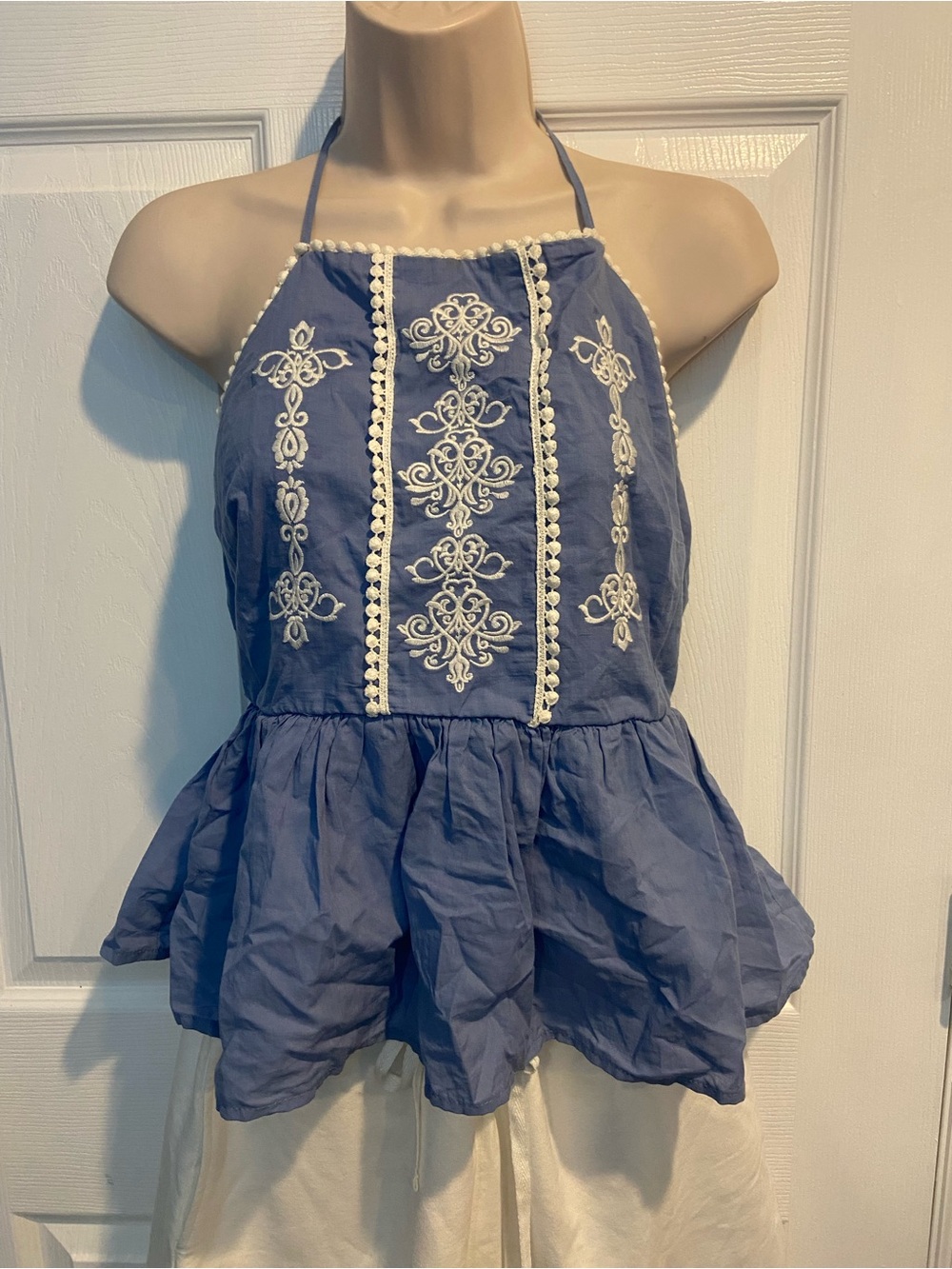 Francesca's Collections Blue Halter Peplum Top with White Embroidery